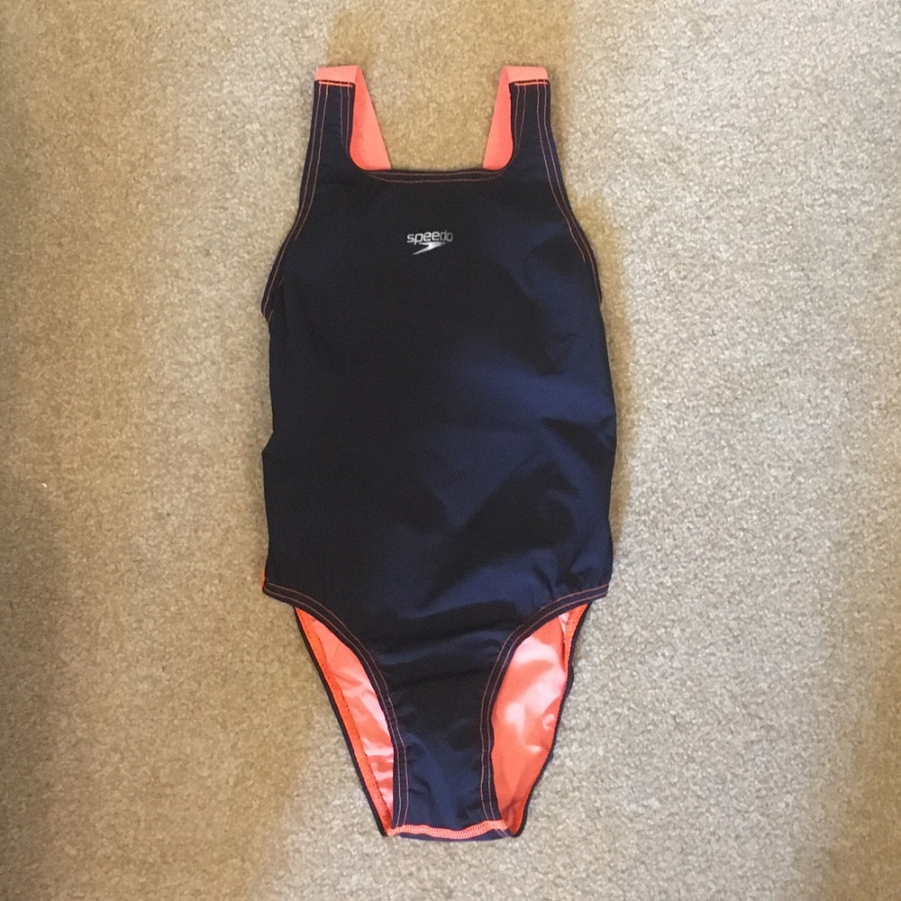 Girls size 22 speedo LZR pro tech suit. Black with orange straps.